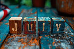 ai generato di legno blocchi calendario con luglio 4 Data e noi bandiera, indipendenza giorno foto