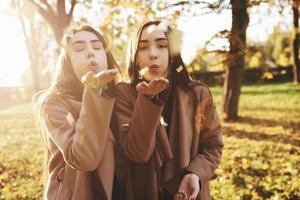 giovani sorelle gemelle brunetta in piedi vicine l'una all'altra e soffiando coriandoli nella telecamera, indossando un cappotto casual in autunno soleggiato parco su sfondo sfocato foto