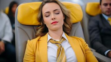 ai generato esausto volo assistente assunzione un' pisolino su il aereo durante un' lungo raggio viaggio foto
