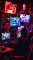 ai generato cyberpunk gli hacker tana, schermi ardente, digitale ribellione foto