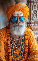 ai generato sadhu. indiano sant'uomo seduta nel il tempio foto