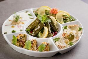 arabo mescolare antipasto con vite foglie, hummus, mezze, fatoush servito nel piatto isolato su grigio sfondo superiore Visualizza di Arabo cibo foto