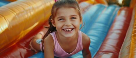 ai generato un' giovane ragazza con un' grande Sorridi giocando su un' colorato gonfiabile diapositiva durante un' divertimento estate giorno. foto