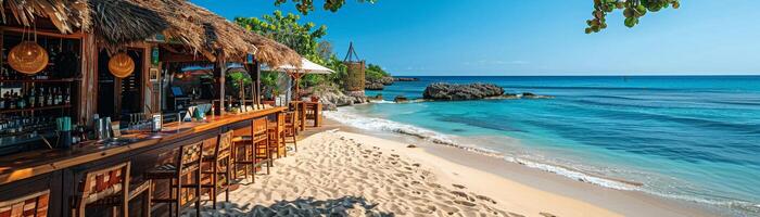 ai generato di ispirazione caraibica spiaggia bar con paglia tetti e sabbia piani foto