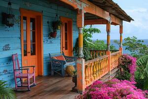 ai generato brillantemente colorato caraibico casa con ventilato veranda foto