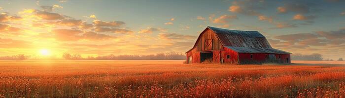 ai generato rustico fienile nel un' d'oro campo a tramonto foto