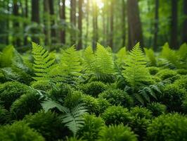 ai generato avvicinamento di muschio e felci nel un' denso foresta foto