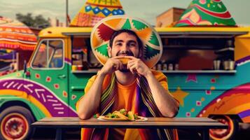 ai generato contento messicano uomo nel sombrero e serapes godendo mangiare tacos contro vivace cibo camion su il sfondo foto