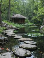 ai generato tranquillo Giardino dietro la casa zen ispirato santuario foto