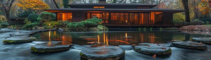 ai generato tranquillo giapponese koi stagno giardino con passo pietre e tradizionale tè Casa. foto