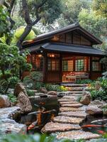 ai generato tranquillo Giardino dietro la casa zen ispirato santuario foto