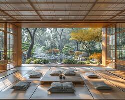 ai generato tradizionale tè Casa con di legno architettura e tranquillo, calmo giardino visualizzazioni foto