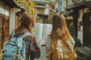 ai generato giovane donne a piedi nel il vecchio cittadina di himeji, Giappone foto