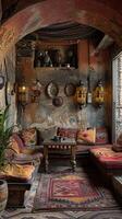 ai generato tradizionale marocchino vivente camera con ricco tessile lanterne foto