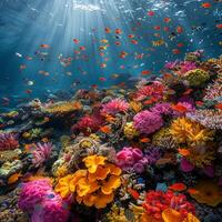 ai generato un' vivace corallo scogliera brulicante con marino vita foto