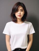 ai generato ritratto di un' bellissimo asiatico donna nel bianca maglietta. foto