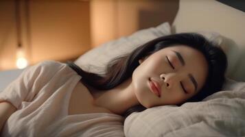 ai generato giovane asiatico donna addormentato bene nel letto. foto