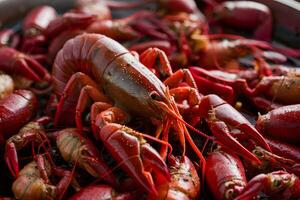 ai generato Immagine avvicinamento di bollito rosso gamberi, Perfetto birra merenda foto