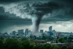 ai generato massiccio tornado domina paesaggio urbano nel turbolento tempesta scena foto