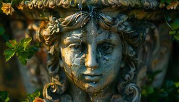 ai generato vecchio Fontana nel il giardino pieno di fiori e impianti spruzzi acqua. vecchio antico greco pietra Fontana circondato di natura. avvicinamento di Fontana nel parco foto