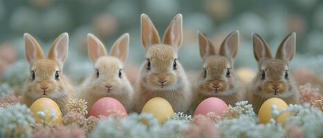 ai generato Pasqua coniglietti con Pasqua uova nel un' primavera campo. foto