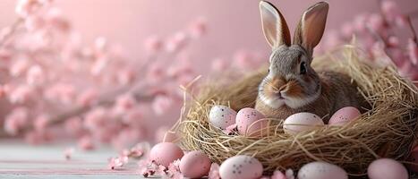 ai generato Pasqua coniglietto su un' rosa sfondo con rosa Pasqua uova. foto