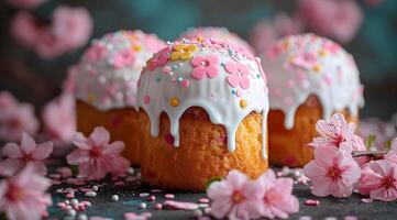 ai generato Pasqua cottura al forno nel il sfondo con primavera fiori. foto