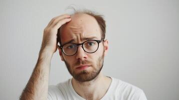 ai generato capelli perdita uomo studio tiro , stressato uomo , Calvo uomo . foto