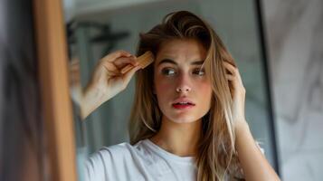 ai generato giovane donna guardare in specchio preoccupato di capelli , capelli perdita problema . foto