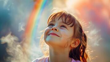 ai generato un' giovane ragazza ha divertimento giocando nel sua pensieri sogni e creatività ,ragazza con nube e arcobaleno pop su sopra sua testa . foto