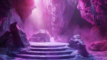 ai generato fantasia viola e rosa grotta scena con podio per Prodotto vetrina . foto