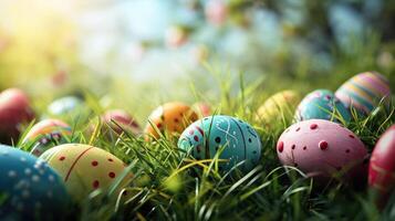 ai generato colorato mano dipinto Pasqua uova dire bugie nel verde erba, nascosto per Pasqua uovo caccia tradizione. saluto carta con copia spazio per Pasqua vacanze. foto