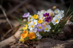 ai generato bellissimo colorato primavera fiori all'aperto su Marrone terra e pietre. natura sfondo, presto primavera concetto. alpino fiore letto nel giardino o foresta. foto