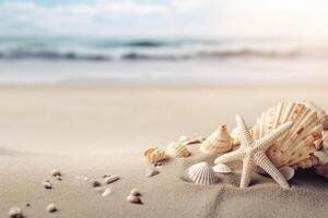 ai generato estate tempo concetto con conchiglie e stella marina su spiaggia sabbia, mare onde sfocato su sfondo, prospettiva Visualizza. mare estate vacanze, vacanza ricordi. foto