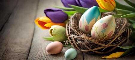 ai generato lungo bandiera con Pasqua uova dipinto floreale modello nel uccello nido e colorato tulipani su di legno tavolo, posto per testo su il sinistra. saluto carta per Pasqua vacanze. primavera volta. foto