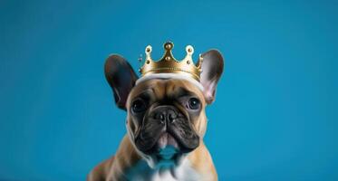 ai generato francese bulldog cucciolo ritratto indossare d'oro re corona su il suo testa, nel centro di blu solido bandiera sfondo. reale razza, re cane. moda bellezza per animali domestici. foto