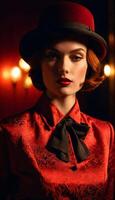 ai generato il donna nel il Immagine è indossare un' rosso vestito e un' nero cappello, quale è un' classico e elegante scelta per un' costume.., generativo ai foto
