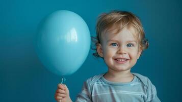 ai generato poco ragazzo abbracciare blu Palloncino su pastello blu sfondo foto