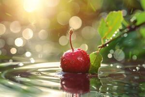 ai generato ciliegia galleggia su acqua foto