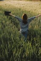 inteligente azienda agricola. contadino con tavoletta nel il campo. agricoltura, giardinaggio o ecologia concetto. raccolta. agro attività commerciale. foto