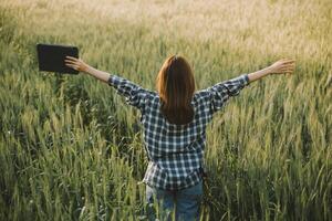 inteligente azienda agricola. contadino con tavoletta nel il campo. agricoltura, giardinaggio o ecologia concetto. raccolta. agro attività commerciale. foto