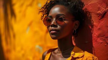 ai generato elegante donna nel occhiali da sole in posa contro un' vivace urbano sfondo. foto