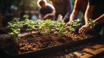 ai generato persone coinvolgente nel Comunità giardinaggio, piantare piccolo verde piantine. sostenibile vivente e Comunità attività concetto. design per educativo Materiale, Comunità outreach programma. foto