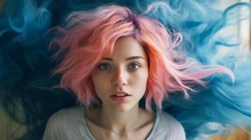 ai generato donna con blu e rosa capelli guardare a il telecamera. interno ritratto con dinamico capelli movimento. foto