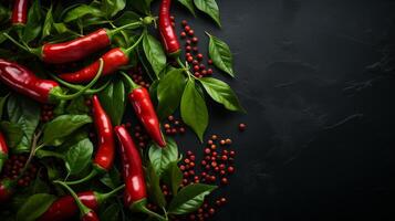 ai generato superiore Visualizza di rosso chili peperoni, grani di pepe, e verde basilico le foglie su un' buio strutturato sfondo. ingredienti per cucinando e stagionatura concetto. design per Spezia mercato pubblicità foto