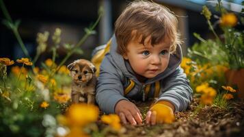 ai generato giovane bambino e cucciolo nel giallo fiore giardino. curiosità e infanzia concetto. design per figli di libro coperchio, manifesto foto