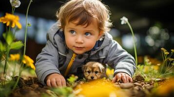 ai generato giovane bambino e cucciolo nel giallo fiore giardino. curiosità e infanzia concetto. design per figli di libro coperchio, manifesto foto