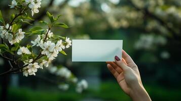 ai generato mano Tenere un' vuoto attività commerciale carta con un' fioritura albero nel il sfondo. foto