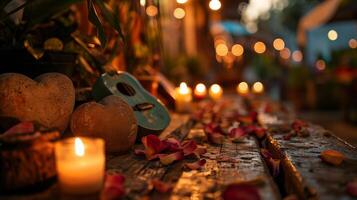 ai generato musica Festival sfondo. acustico chitarra, rosso rosa petali, candele, cuore pietra forma foto