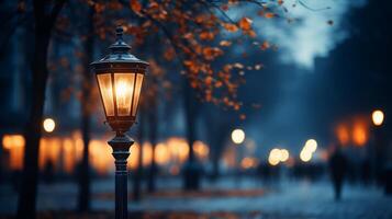 ai generato Vintage ▾ strada lampada illuminante un' alberato sentiero con autunno foglie, evocando un sera passeggiare nel il parco ambiente. foto
